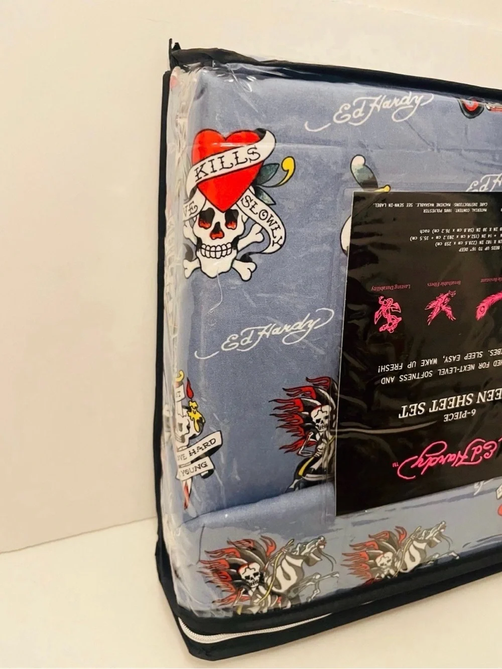 Ed Hardy Blue 6 Piece Queen Size Sheet Set Motorcycles Skulls Love Kills Slowly